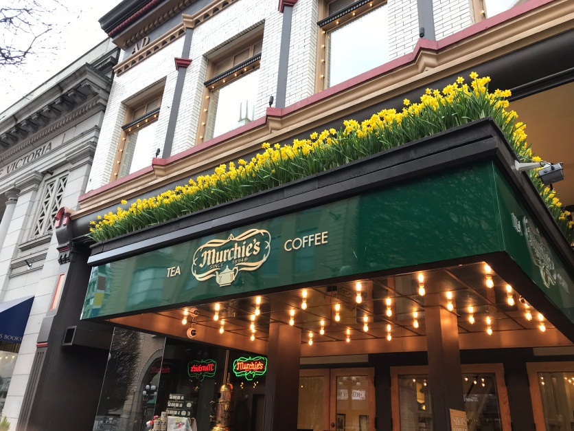 Murchie's facade, sporting daffodils